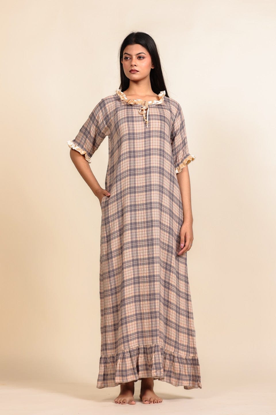 The Kaftan Company Nightdress Beige and Brown Checked Viscose Nighty with Cream Ruffled Trim