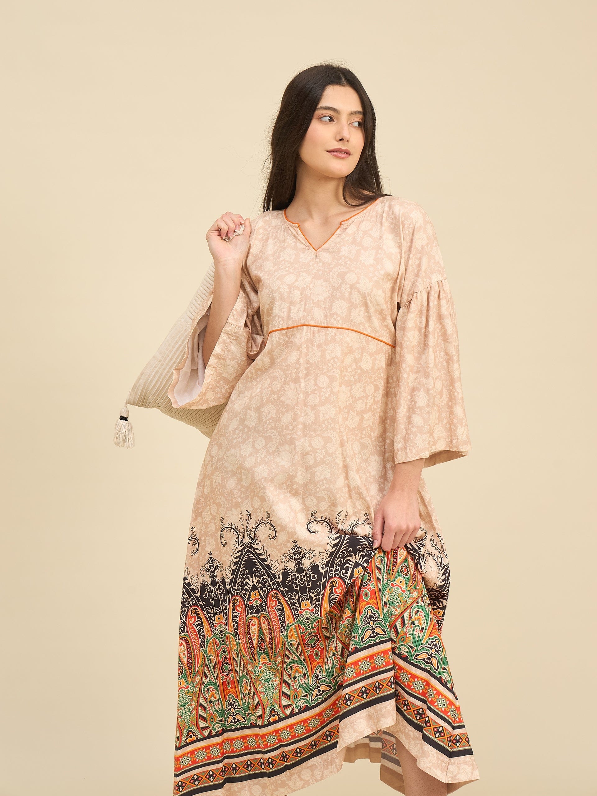 The Kaftan Company Nightdress Beige Cotton Viscose Nightdress with Flared Printed Hem