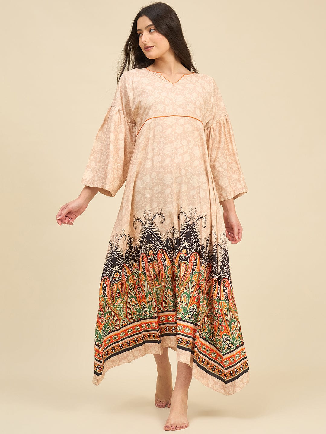 The Kaftan Company Nightdress Beige Cotton Viscose Nightdress with Flared Printed Hem