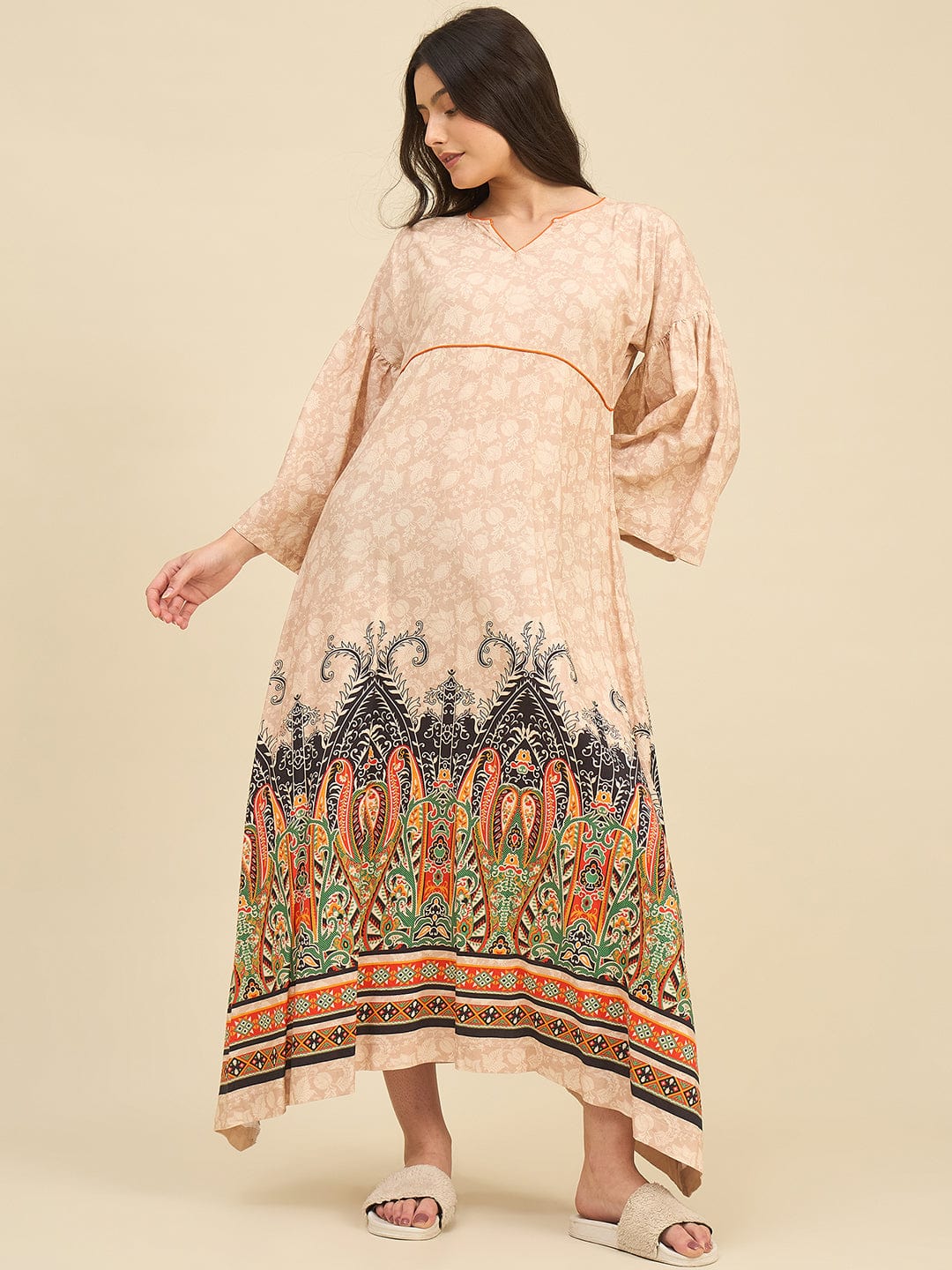 The Kaftan Company Nightdress Beige Cotton Viscose Nightdress with Flared Printed Hem