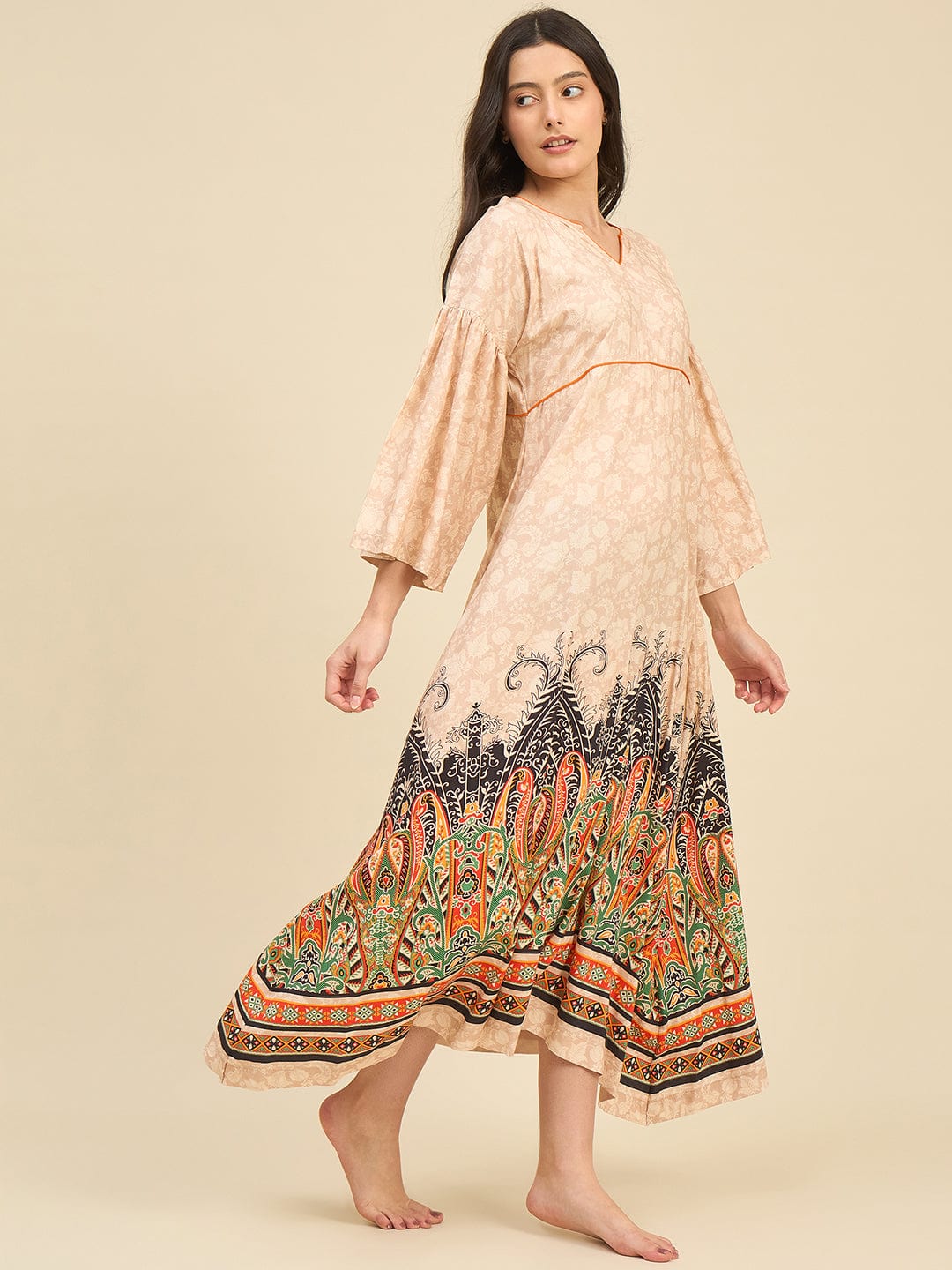 The Kaftan Company Nightdress Beige Cotton Viscose Nightdress with Flared Printed Hem