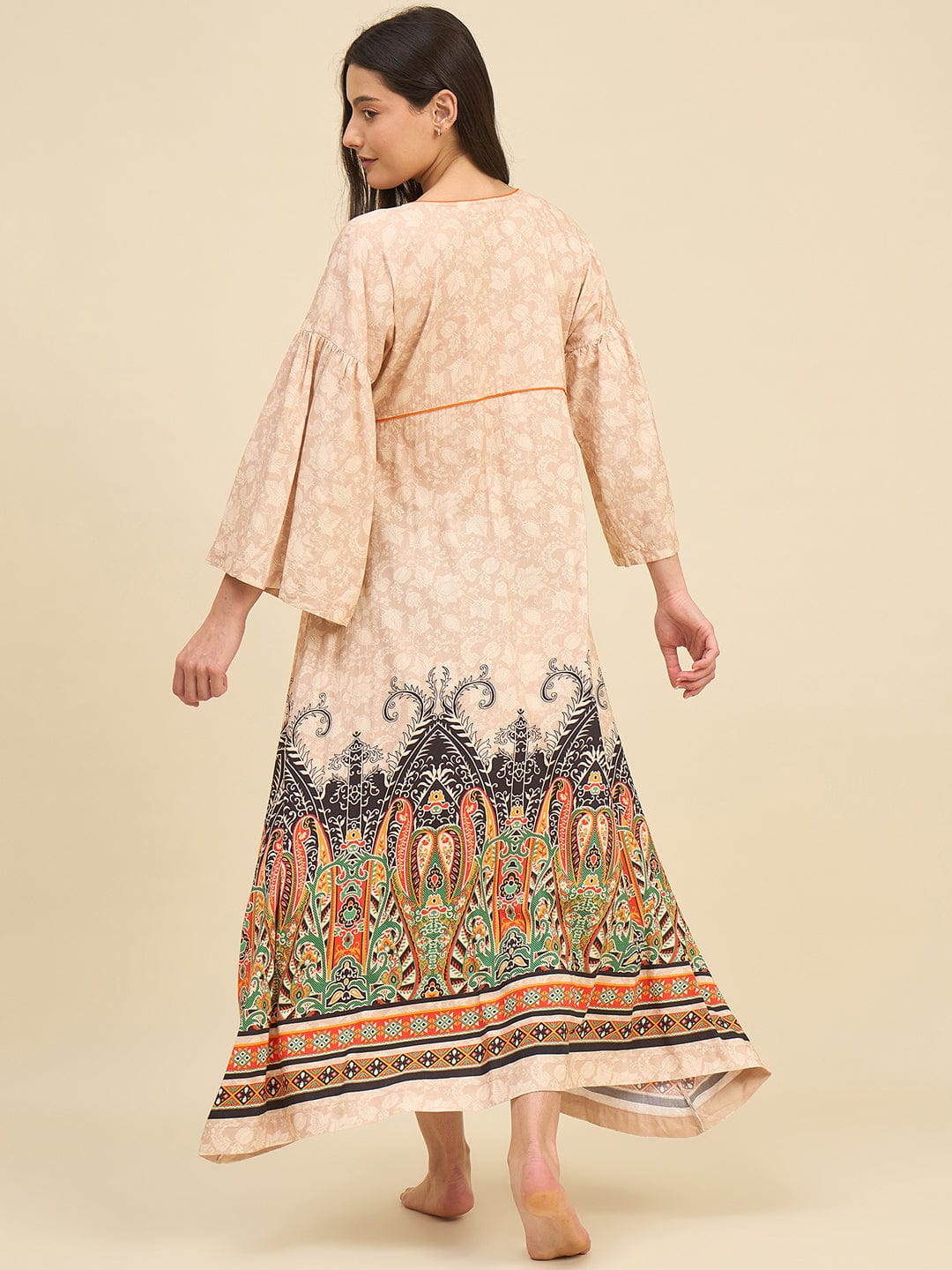 The Kaftan Company Nightdress Beige Cotton Viscose Nightdress with Flared Printed Hem
