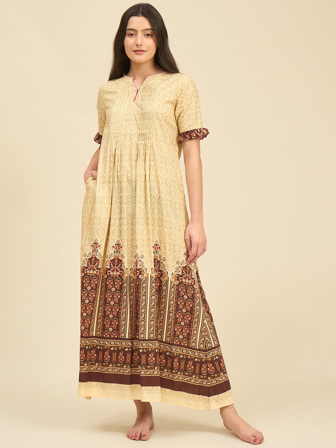The Kaftan Company Nightdress Beige Cotton Viscose Nightdress with Pintucks & Ethnic Border