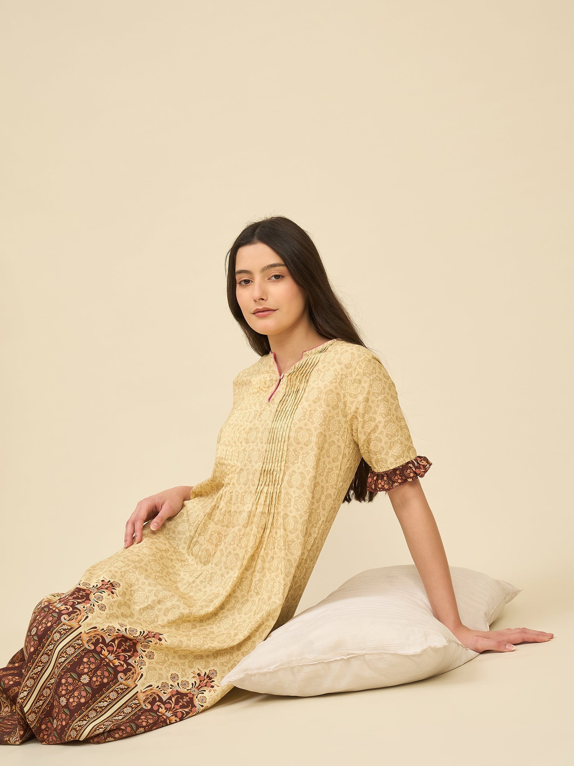 The Kaftan Company Nightdress Beige Cotton Viscose Nightdress with Pintucks & Ethnic Border