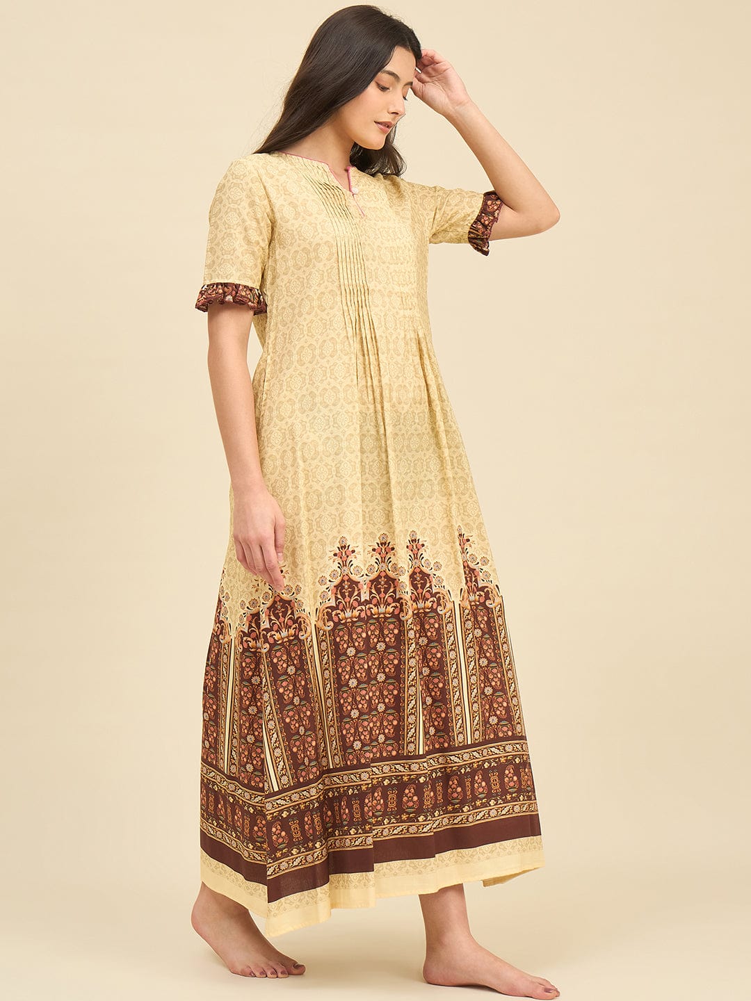 The Kaftan Company Nightdress Beige Cotton Viscose Nightdress with Pintucks & Ethnic Border
