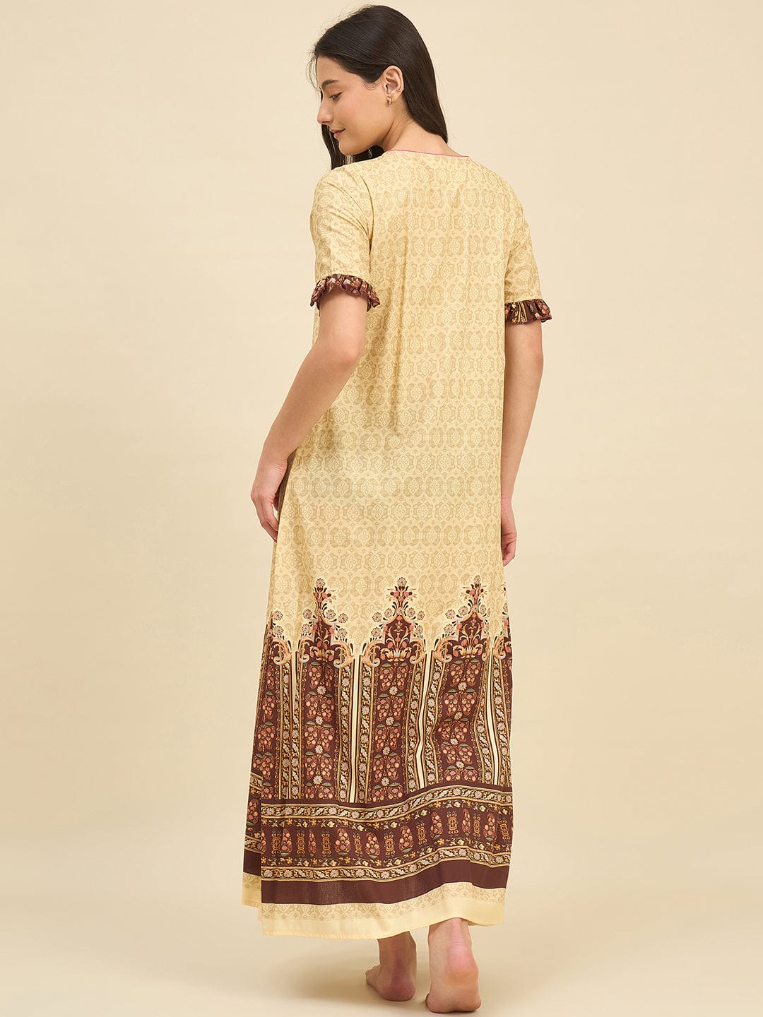 The Kaftan Company Nightdress Beige Cotton Viscose Nightdress with Pintucks & Ethnic Border