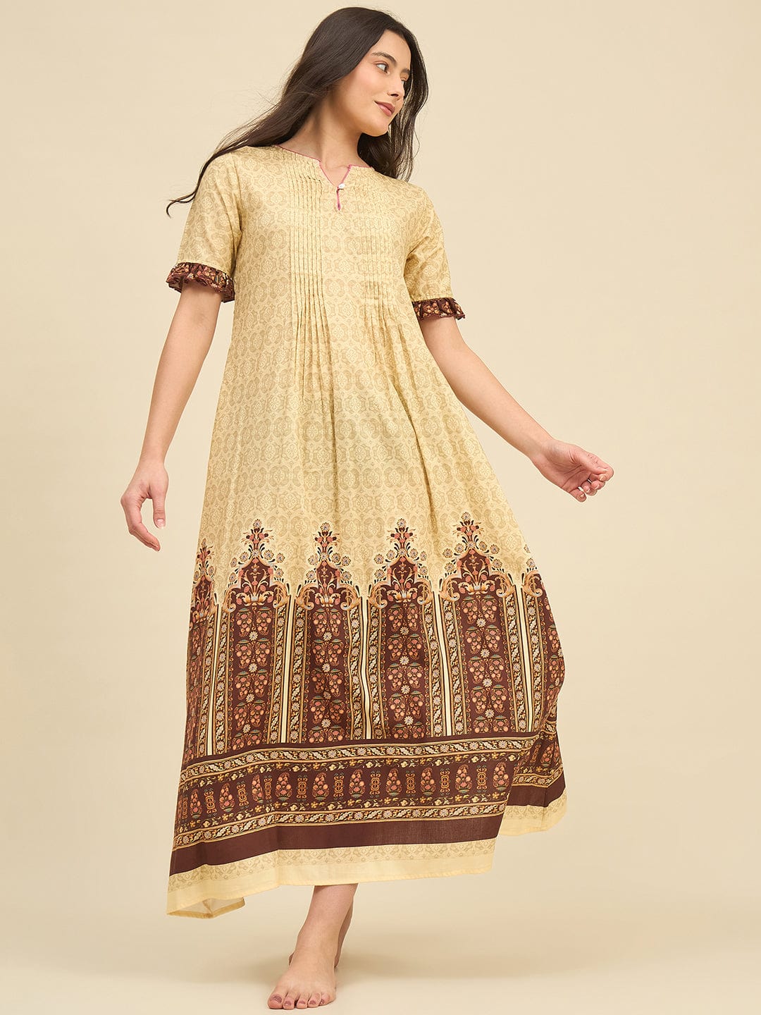 The Kaftan Company Nightdress Beige Cotton Viscose Nightdress with Pintucks & Ethnic Border