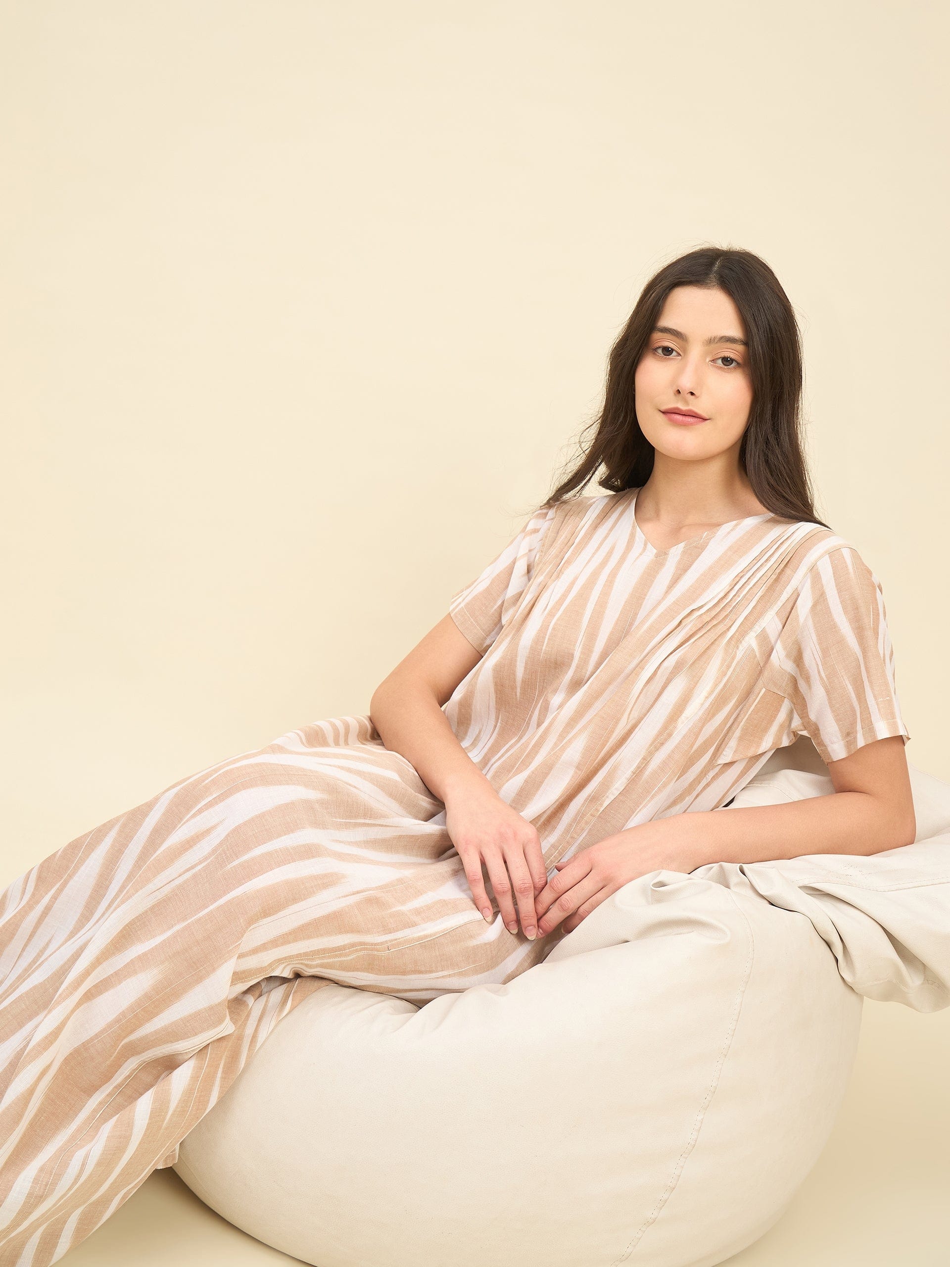 The Kaftan Company Nightdress Beige Ikat Handloom Cotton Nightdress – Soft V-Neck Maxi with Pockets
