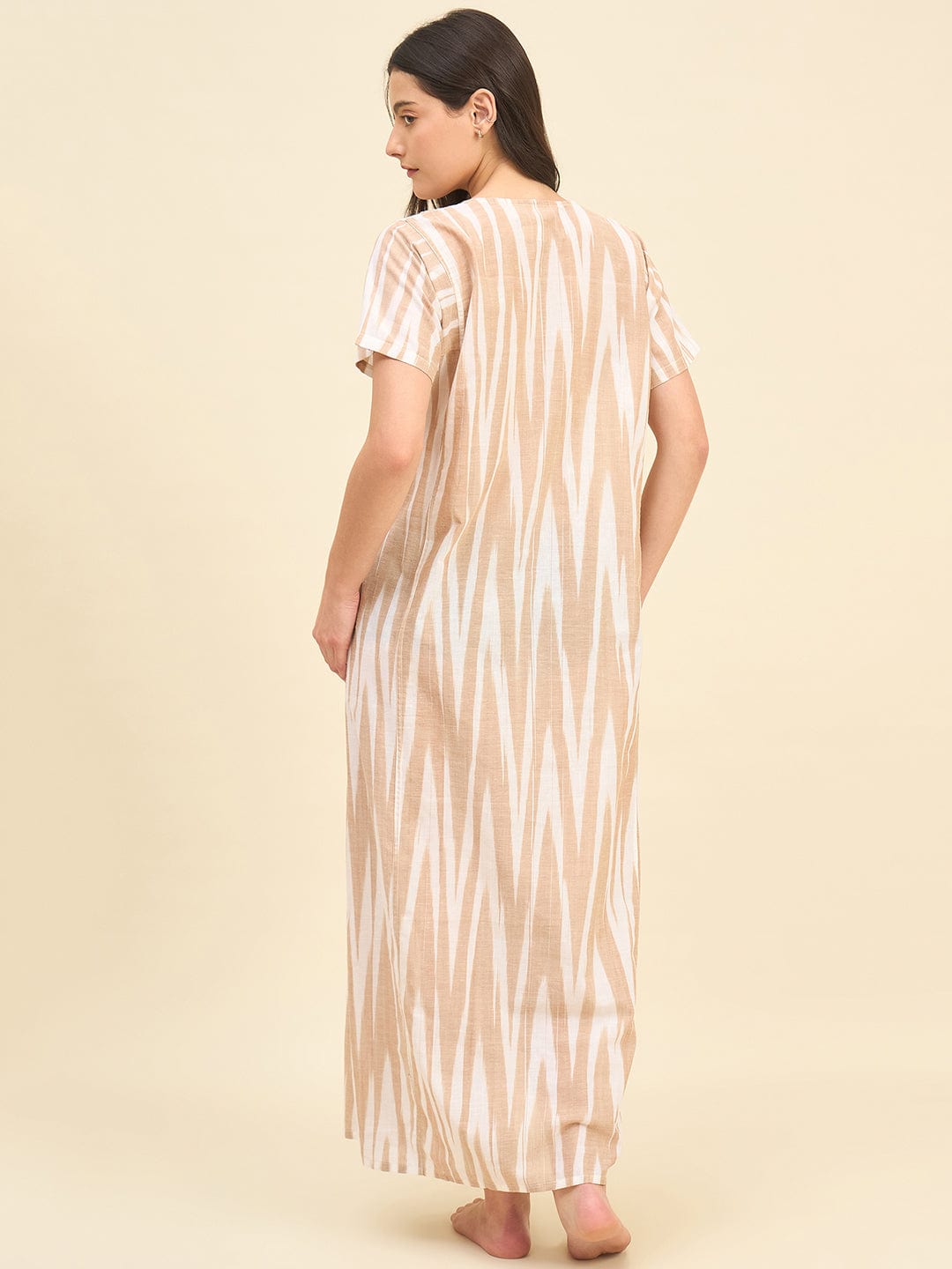 The Kaftan Company Nightdress Beige Ikat Handloom Cotton Nightdress – Soft V-Neck Maxi with Pockets