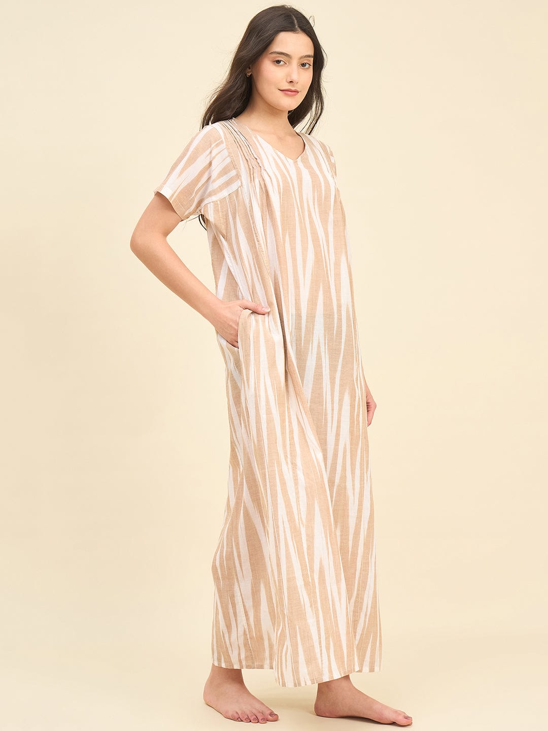 The Kaftan Company Nightdress Beige Ikat Handloom Cotton Nightdress – Soft V-Neck Maxi with Pockets