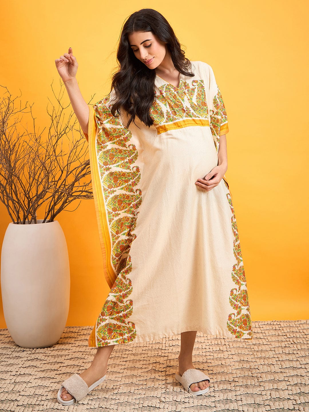 The Kaftan Company Nightdress Beige Paisley Maternity Lounge Dress