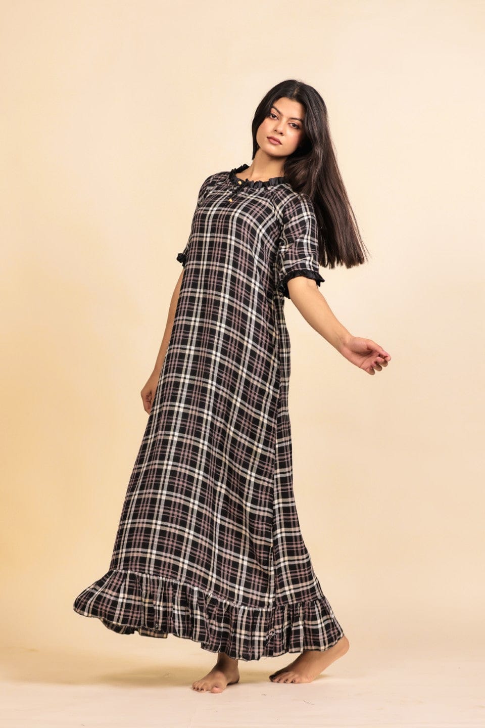The Kaftan Company Nightdress Black and White Checked Viscose Nighty with Ruffled Trim