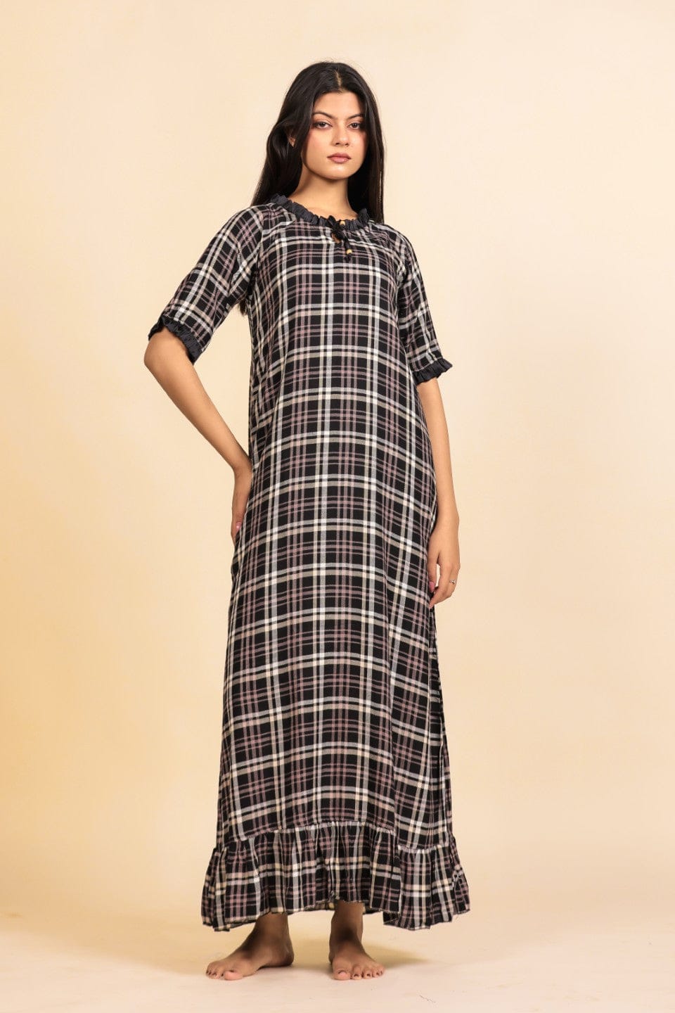 The Kaftan Company Nightdress Black and White Checked Viscose Nighty with Ruffled Trim