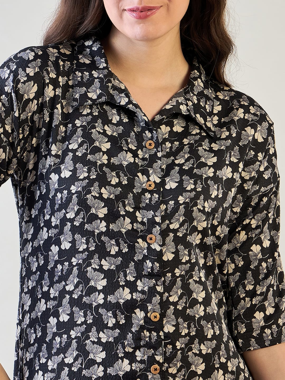 The Kaftan Company Nightdress Black and White Floral Button Down Night Dress