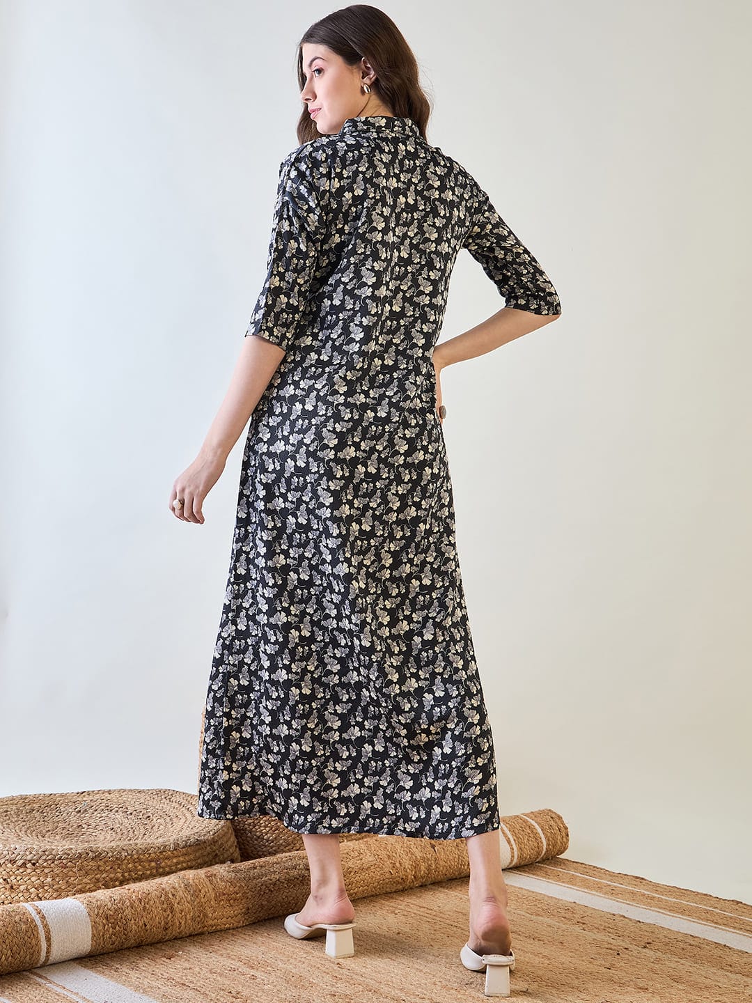 The Kaftan Company Nightdress Black and White Floral Button Down Night Dress