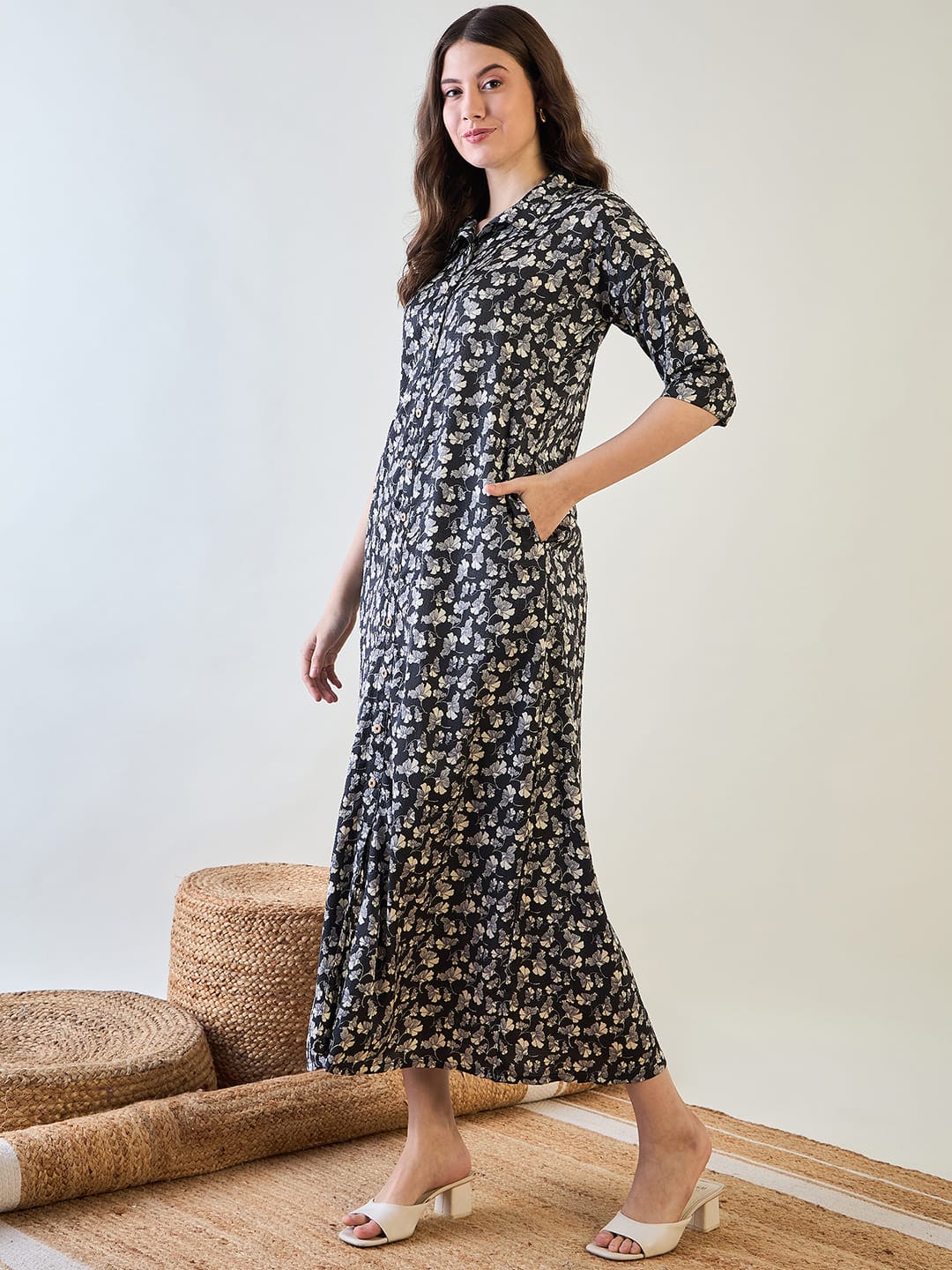 The Kaftan Company Nightdress Black and White Floral Button Down Night Dress