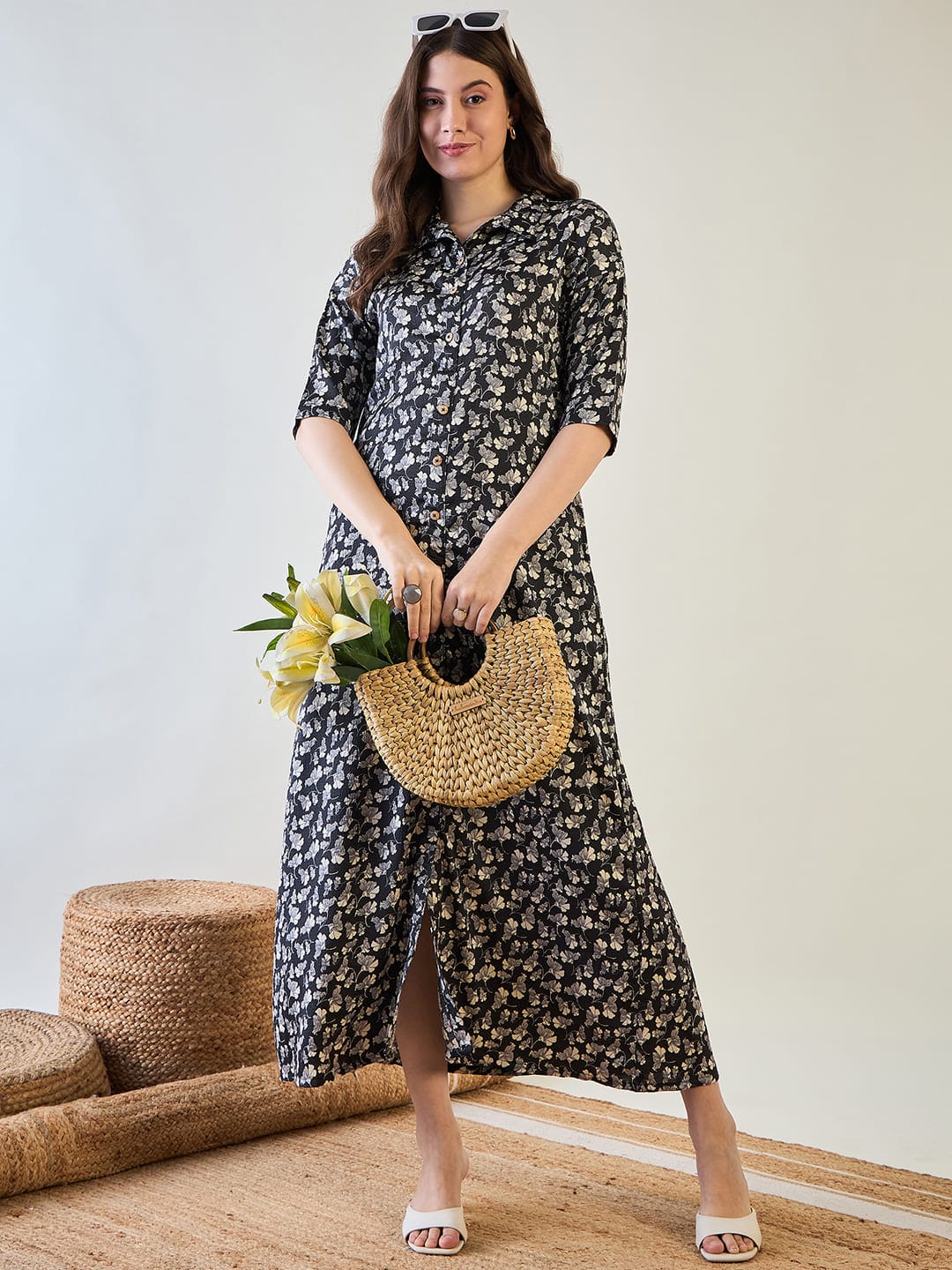 The Kaftan Company Nightdress Black and White Floral Button Down Night Dress