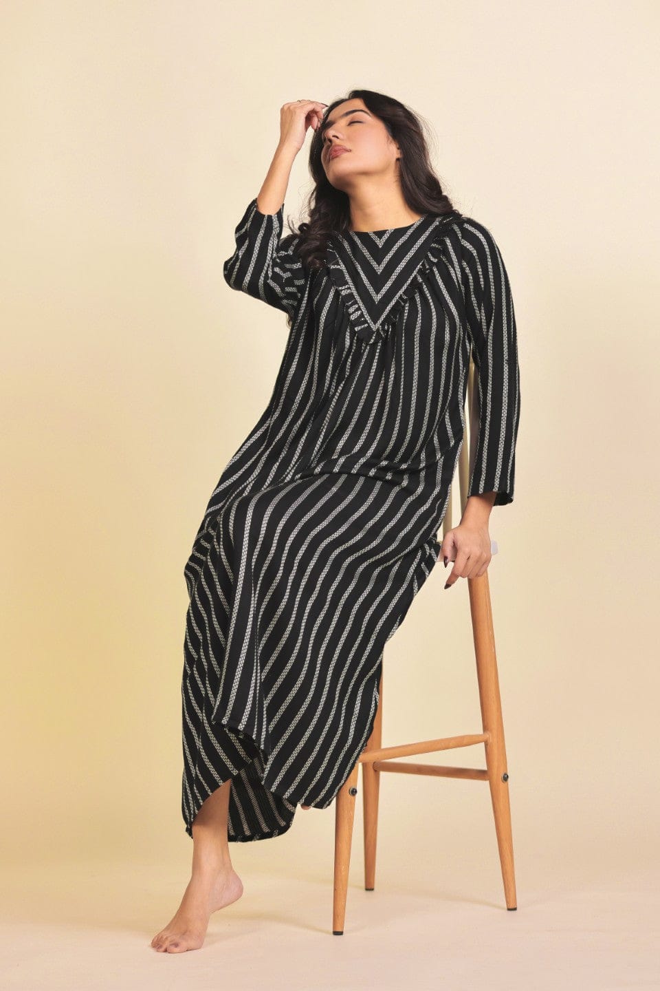 The Kaftan Company Nightdress Black and White Vertical Striped Cotton Nighty