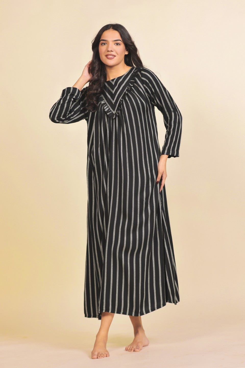 The Kaftan Company Nightdress Black and White Vertical Striped Cotton Nighty