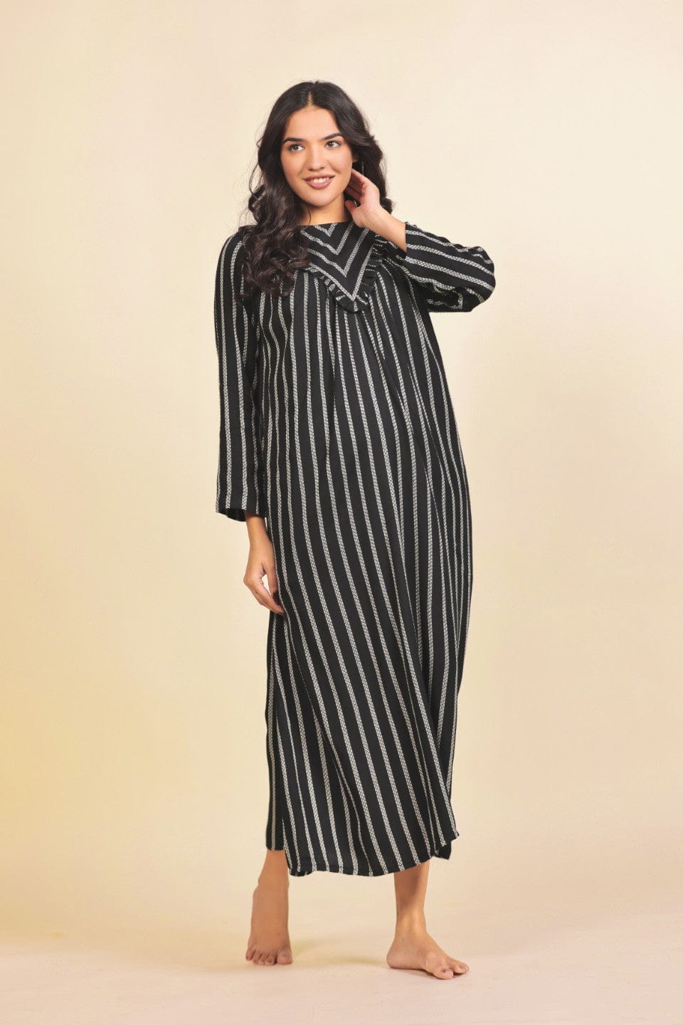 The Kaftan Company Nightdress Black and White Vertical Striped Cotton Nighty