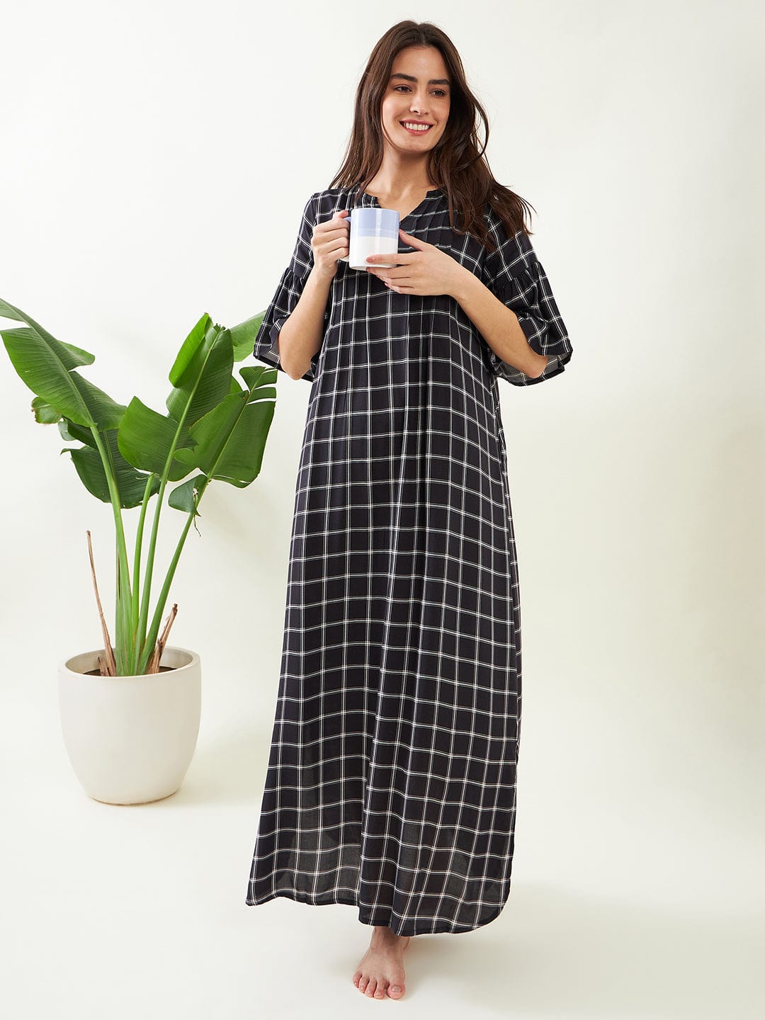 The Kaftan Company Nightdress Black Checks Nightdress