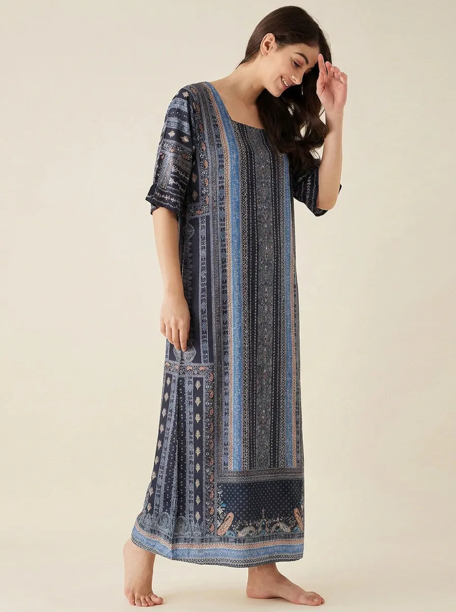 The Kaftan Company Nightdress Black Ethnic Print Nightdress with Ruffle Sleeves and Eye Mask