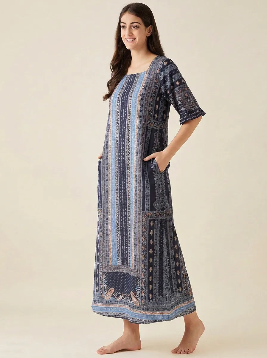 The Kaftan Company Nightdress Black Ethnic Print Nightdress with Ruffle Sleeves and Eye Mask