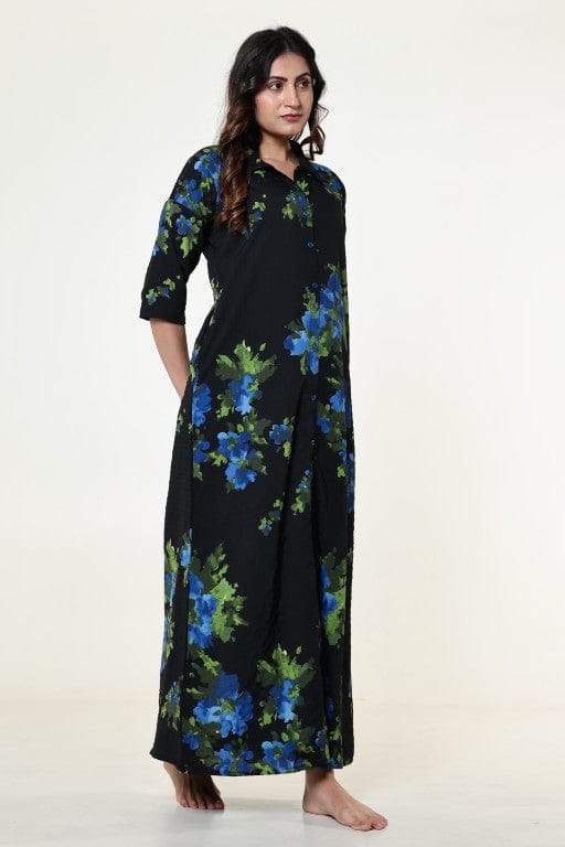 The Kaftan Company Nightdress Black Floral Textured Stretch Crepe Nightdress