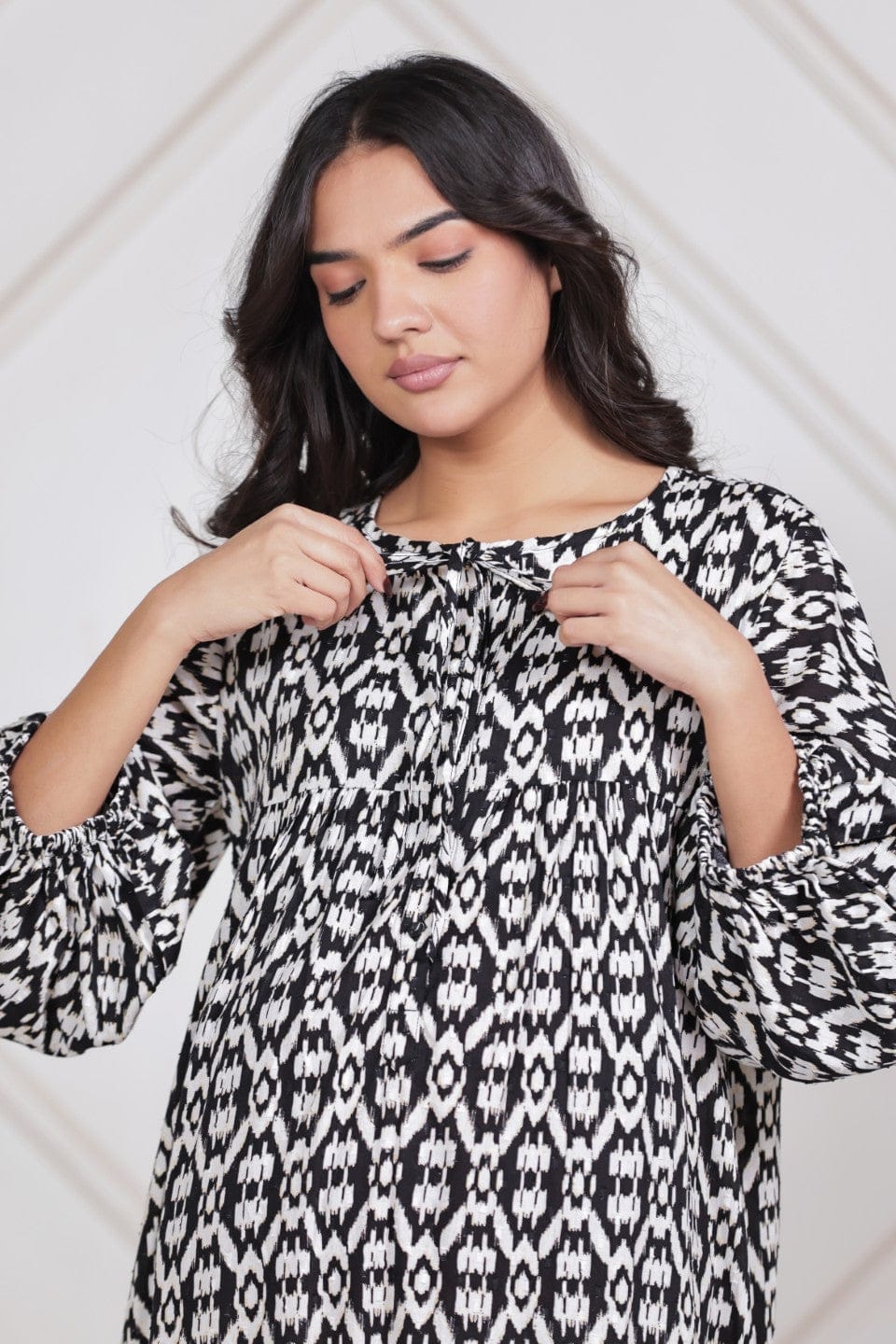 The Kaftan Company Nightdress Black Ikat Maternity Nursing Dress