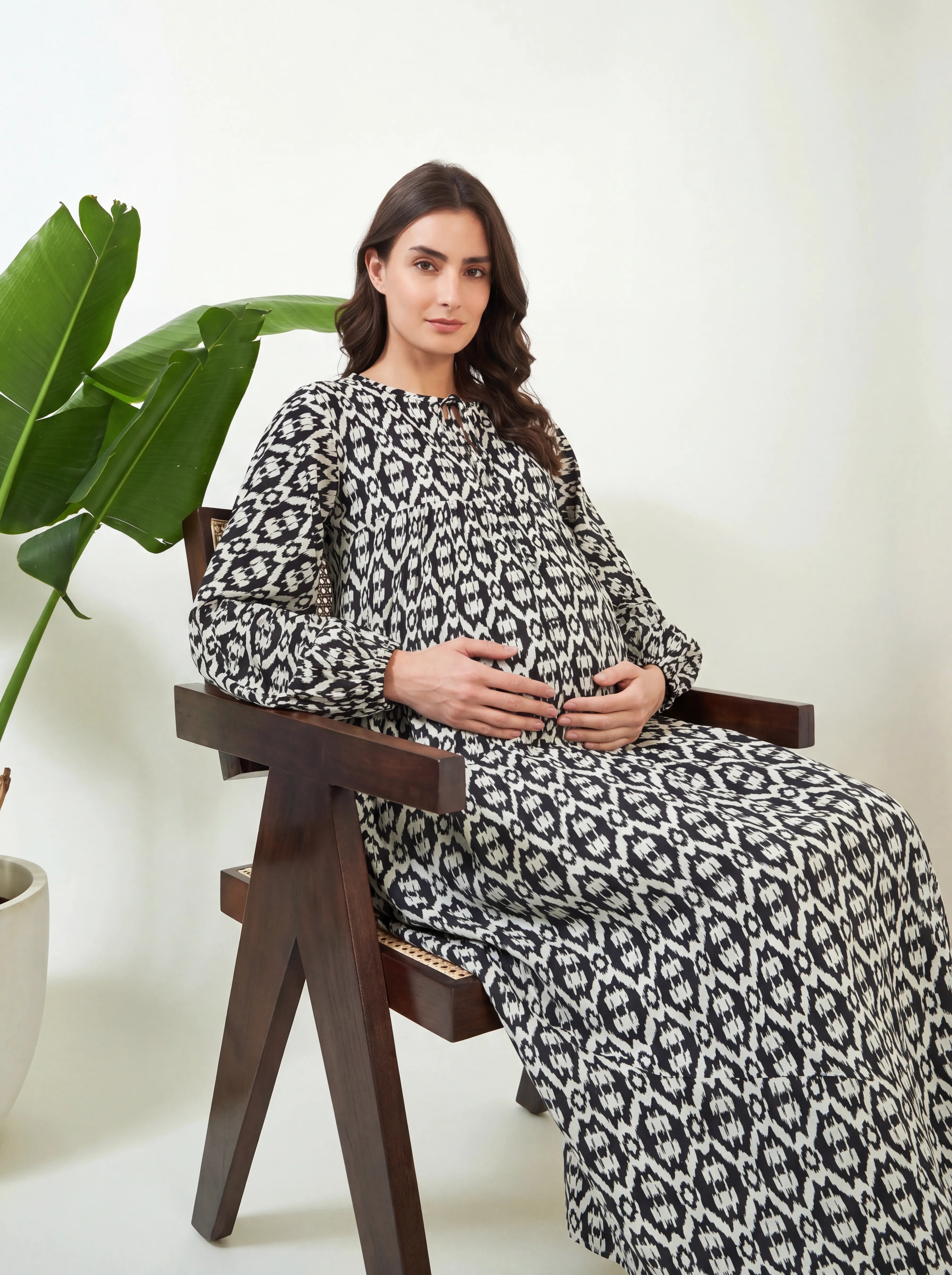 The Kaftan Company Nightdress Black Ikat Maternity Nursing Dress