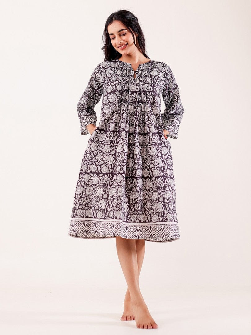 The Kaftan Company Nightdress Black & White Floral Printed Cotton Nightdress