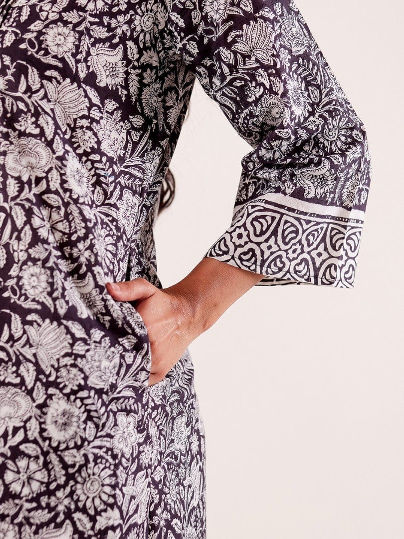 The Kaftan Company Nightdress Black & White Floral Printed Cotton Nightdress