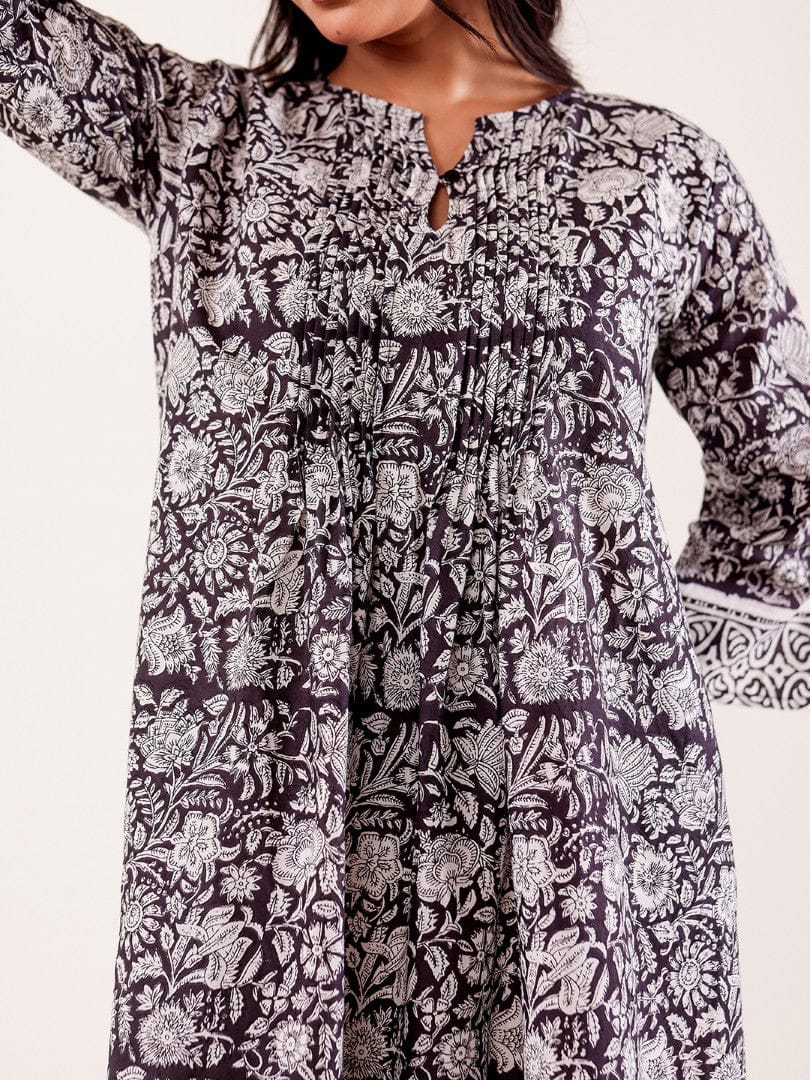 The Kaftan Company Nightdress Black & White Floral Printed Cotton Nightdress