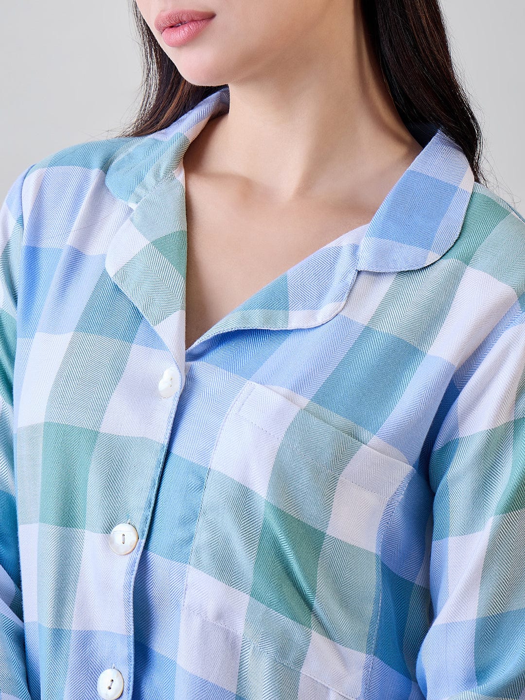 The Kaftan Company Nightdress Blue and Green Checks Viscose Sleep Shirt