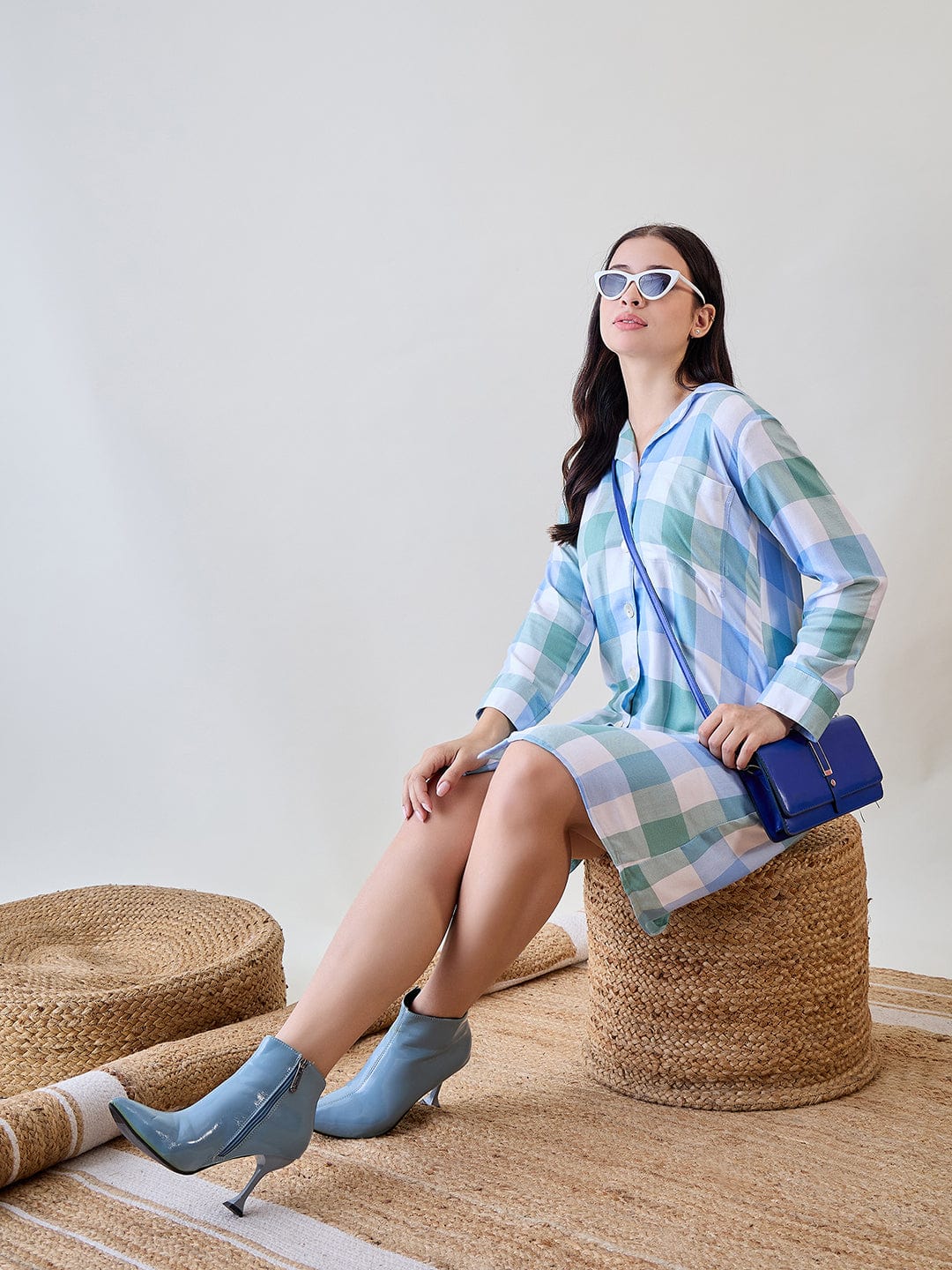 The Kaftan Company Nightdress Blue and Green Checks Viscose Sleep Shirt