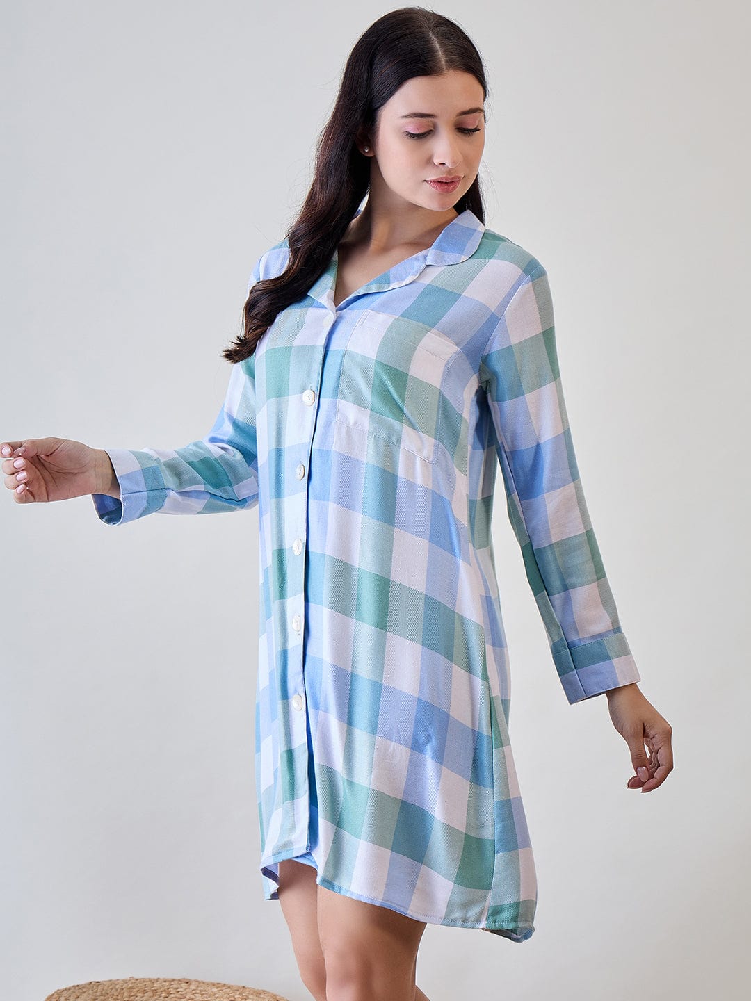 The Kaftan Company Nightdress Blue and Green Checks Viscose Sleep Shirt