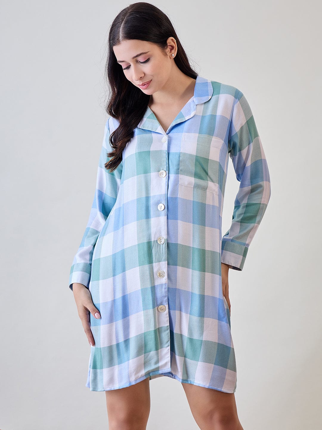 The Kaftan Company Nightdress Blue and Green Checks Viscose Sleep Shirt