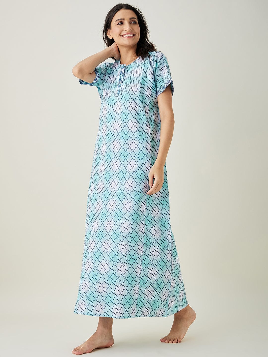 The Kaftan Company Nightdress Blue and White Tie dye embroidered Nightdress
