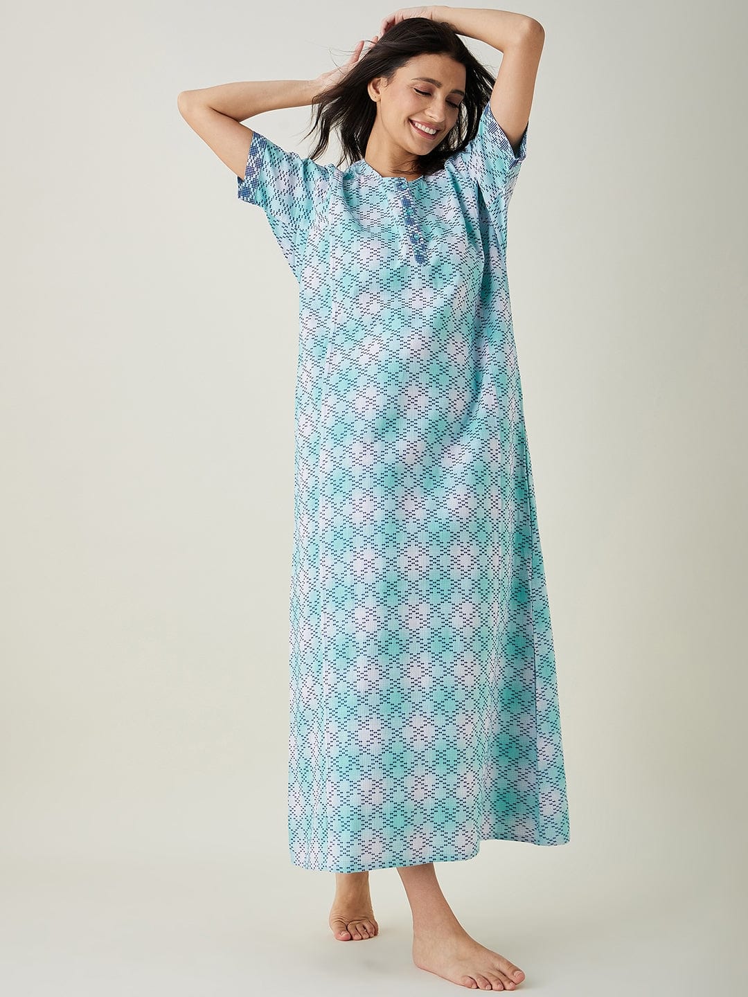 The Kaftan Company Nightdress Blue and White Tie dye embroidered Nightdress