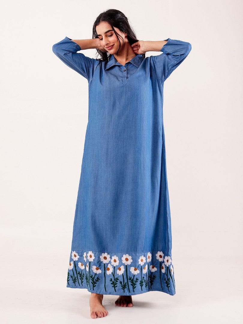 The Kaftan Company Nightdress Blue Chambray Embroidered Cotton Nightdress