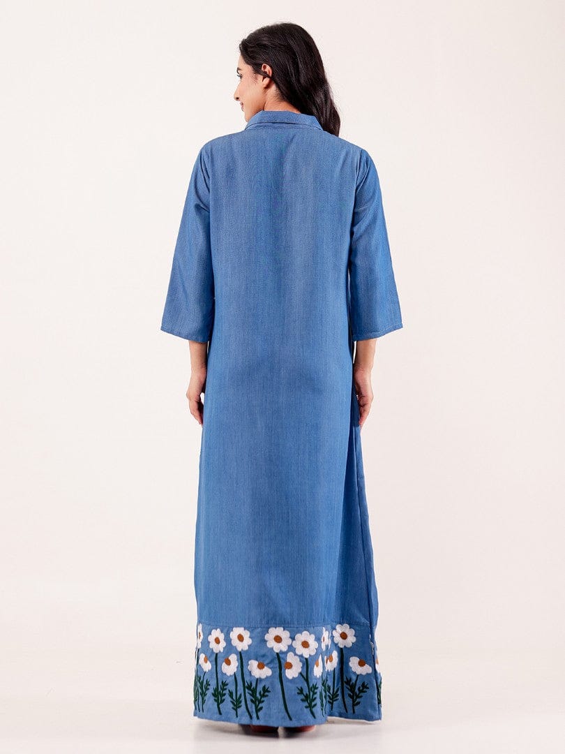 The Kaftan Company Nightdress Blue Chambray Embroidered Cotton Nightdress