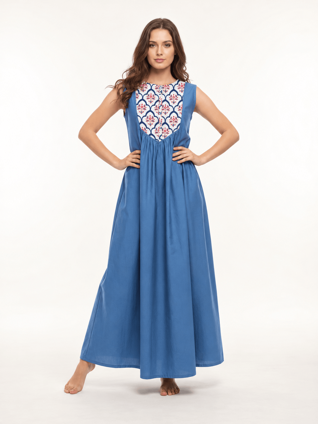 The Kaftan Company Nightdress Blue Cotton Sleeveless Nightdress with Floral Bib Yoke