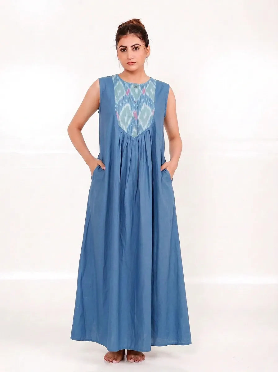 The Kaftan Company Nightdress Blue Cotton Sleeveless Nightdress with Ikat Bib Yoke