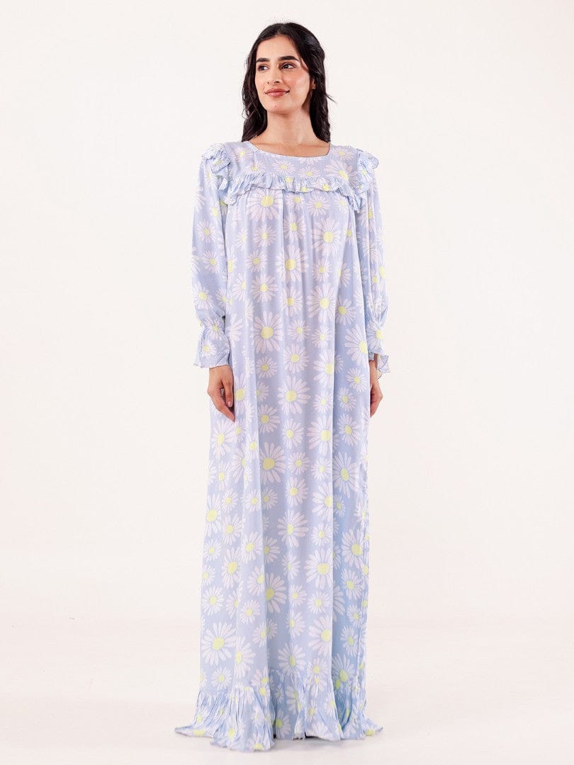 The Kaftan Company Nightdress Blue Daisy Printed Nightdress with Ruffle Detail