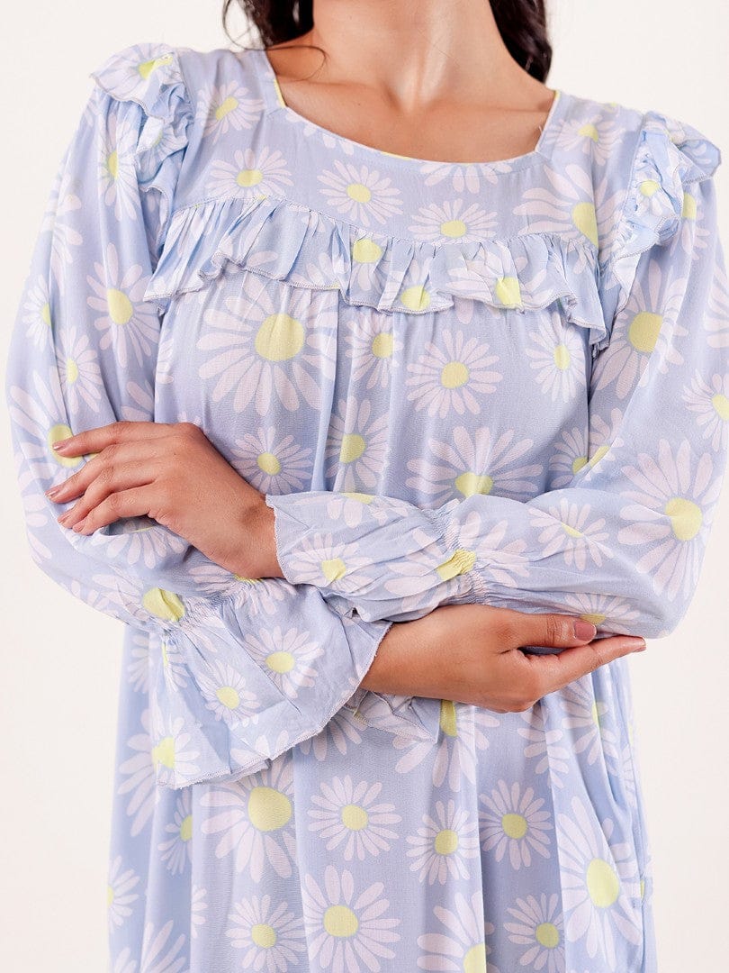 The Kaftan Company Nightdress Blue Daisy Printed Nightdress with Ruffle Detail