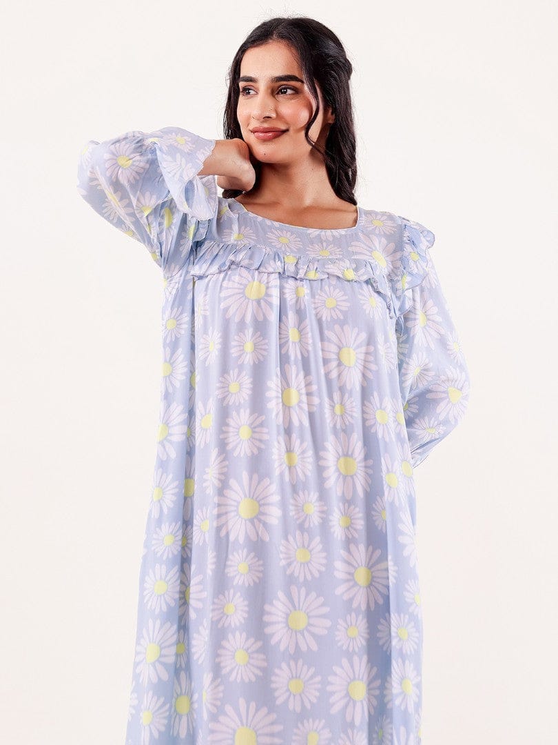 The Kaftan Company Nightdress Blue Daisy Printed Nightdress with Ruffle Detail
