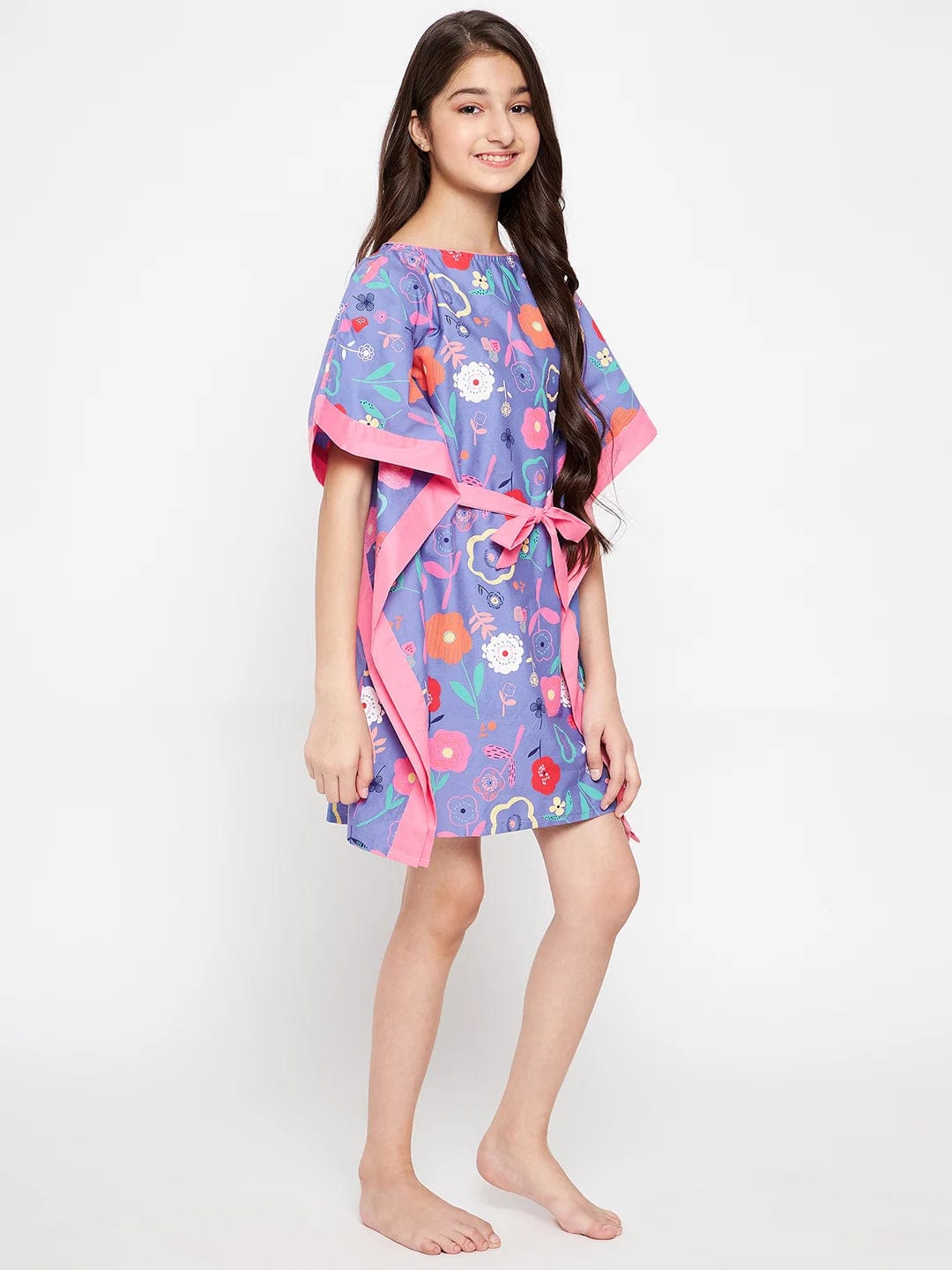 The Kaftan Company Nightdress Blue Doodled Flowers Kaftan Nightdress