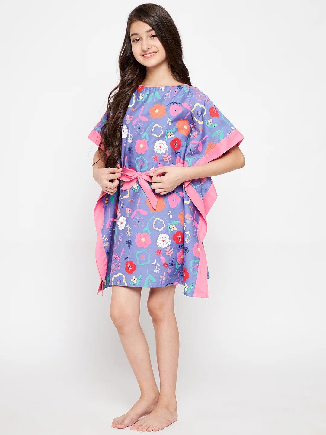 The Kaftan Company Nightdress Blue Doodled Flowers Kaftan Nightdress