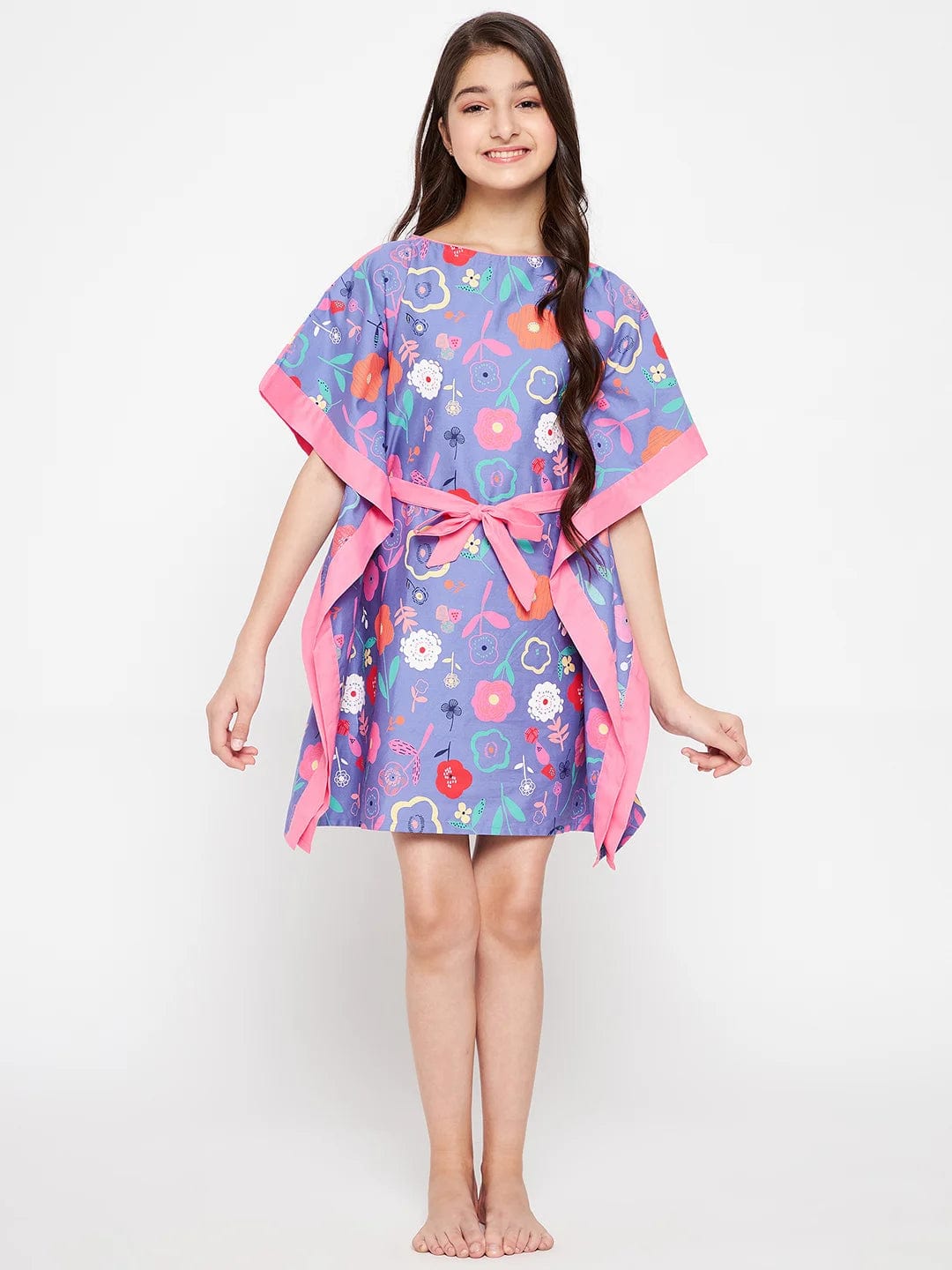 The Kaftan Company Nightdress Blue Doodled Flowers Kaftan Nightdress