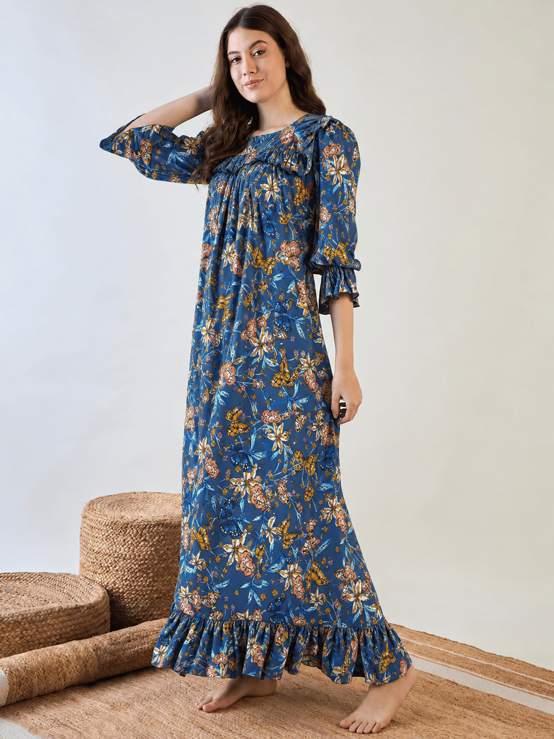 The Kaftan Company Nightdress Blue Floral and Butterfly Print Viscose Nightdress with Frill Hem